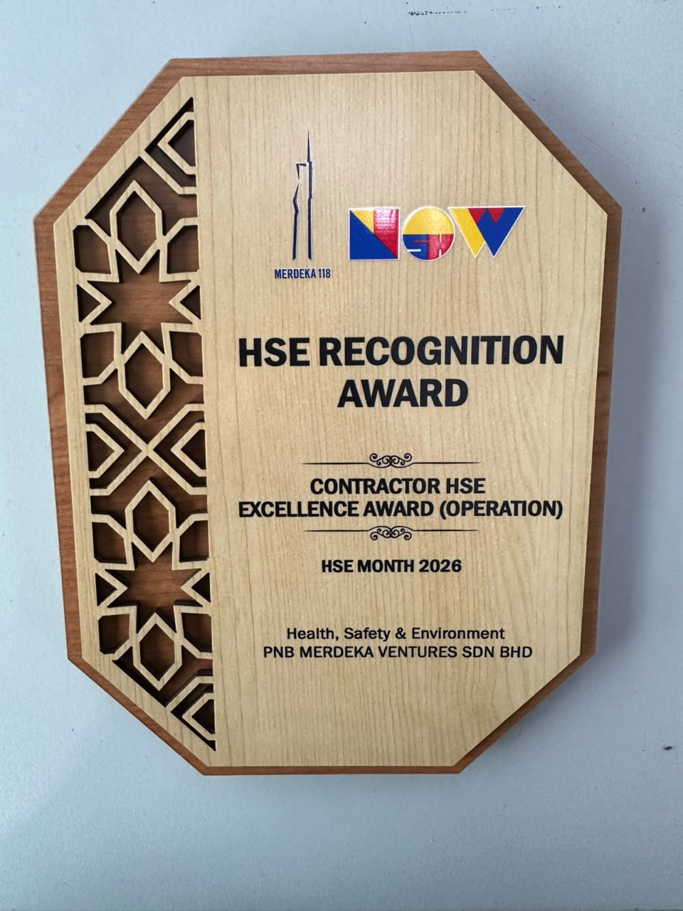 HSE Recognition Award plaque - Contractor HSE Excellence Award (Operation), HSE Month 2026, PNB Merdeka Ventures Sdn Bhd